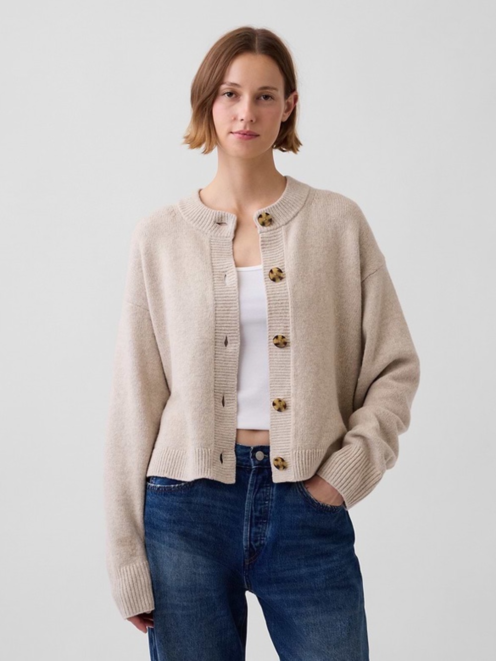 Banana Republic Button-Up Crewneck Cardigan Sweater, Beige (Oatmeal), Sz L, NWT